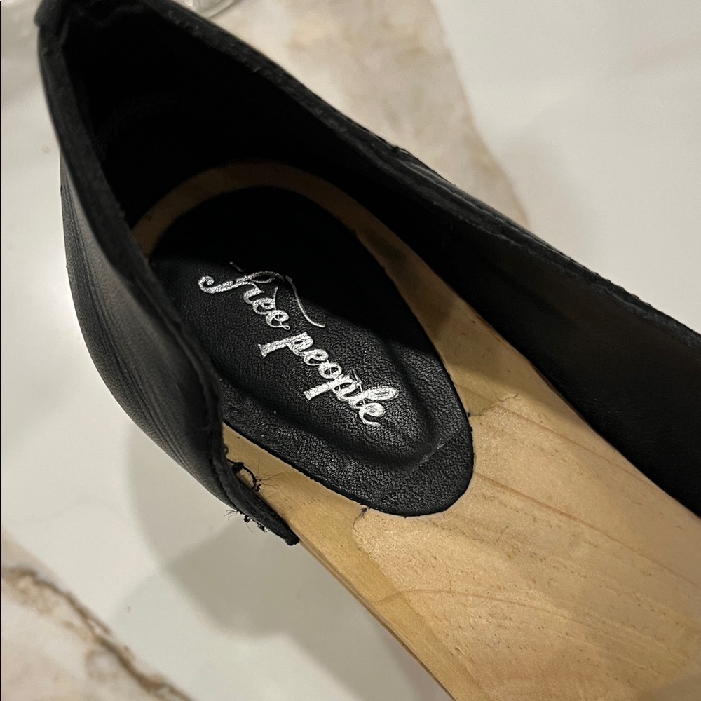 Free People Black Leather Clog Mules with Natural Wood Heel - Picture 4 of 9